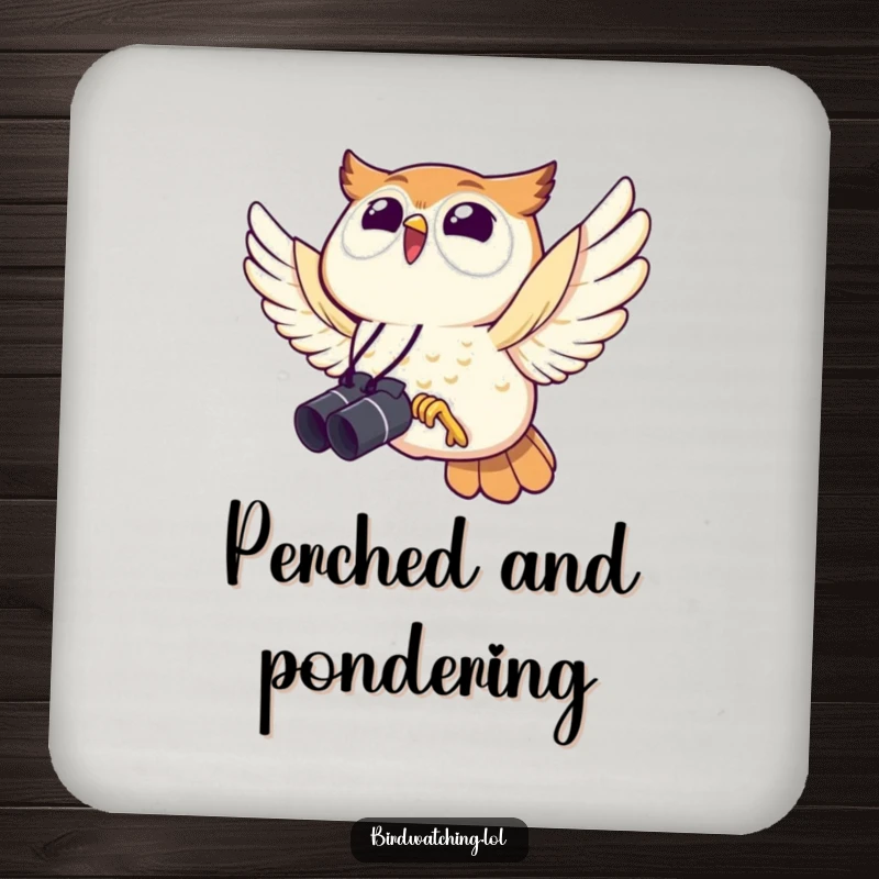 Funny owl drink coaster, joyfully flying with binoculars, a whimsical and protective accessory for bird watching fans.