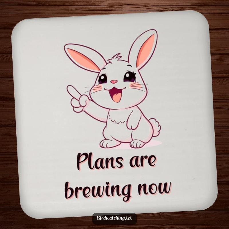 Funny rabbit drink coaster, happily pointing at the sky, adding a touch of whimsy to your table. Protective.