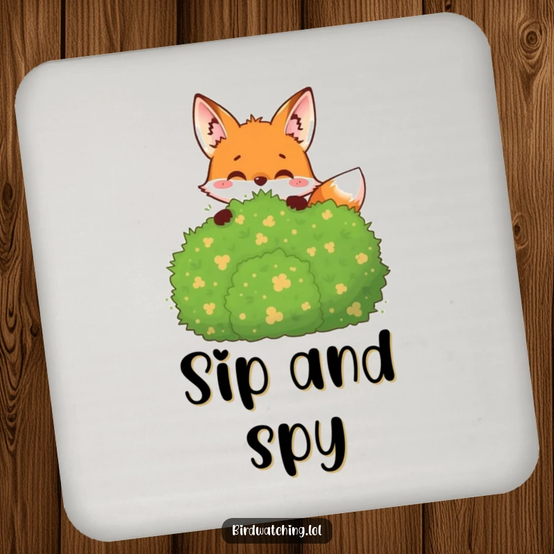 Funny Coaster: A joyful fox peeking from behind a bush, observing and protecting surfaces.