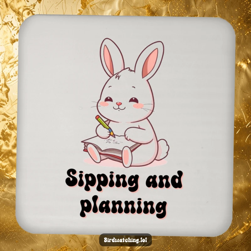 Funny drink coaster with a cheerful rabbit writing in a journal, perfect for protecting surfaces.