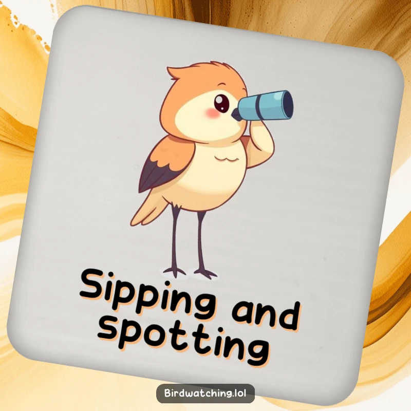 Funny bird watcher drink coaster, determinedly surveying the horizon, protecting surfaces with a humorous design.