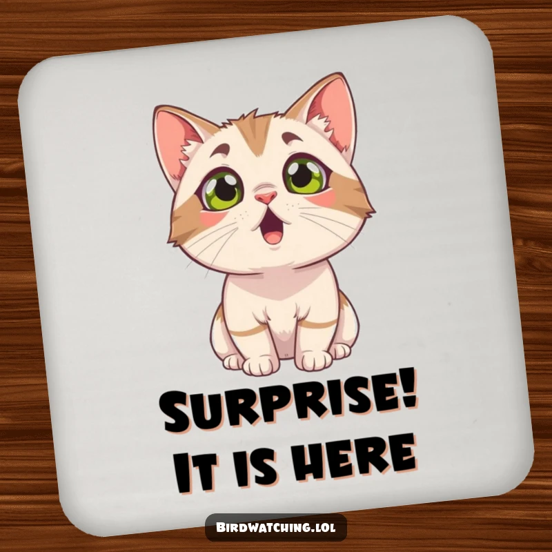 Funny surprised cat drink coaster, eyes wide with shock, looking upwards. Protects surfaces with humor.