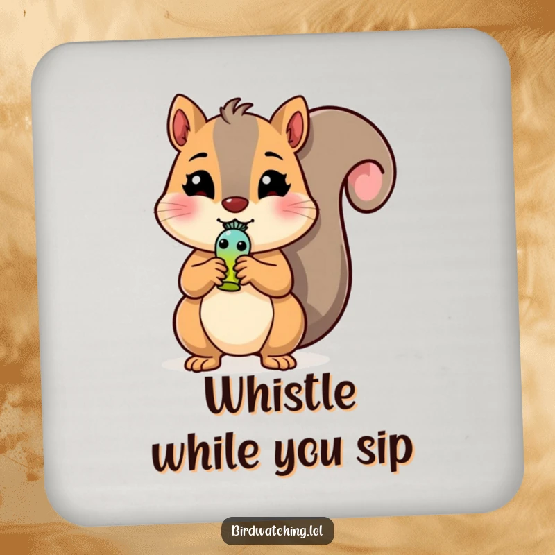 Funny Squirrel Drink Coaster: A cheerful squirrel clutches a tiny bird whistle, guarding against spills. Cute.