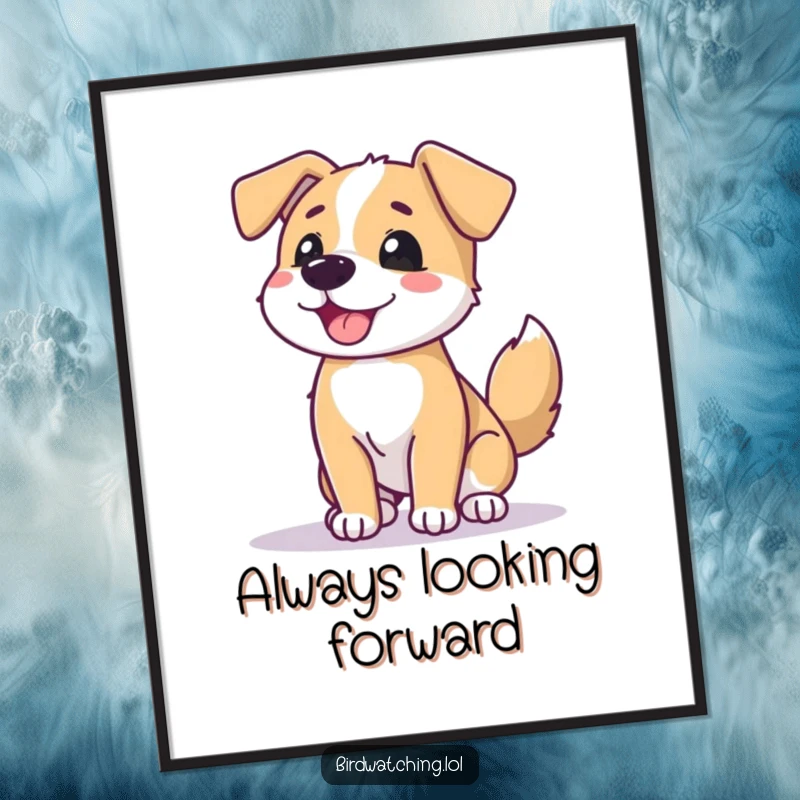 Funny dog horizon poster, beaming dog wagging tail, scanning, joyful wall art, ideal humorous gift.