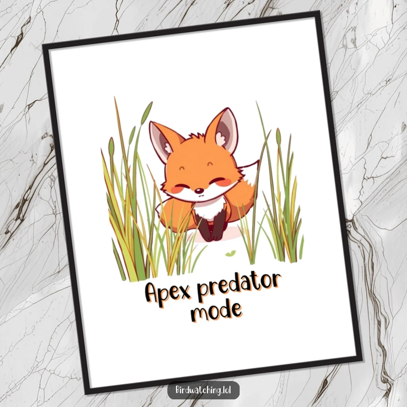 Funny poster featuring a smiling fox in a stealthy creep through tall grass, conveying intense focus and playful humor, perfect wall art.