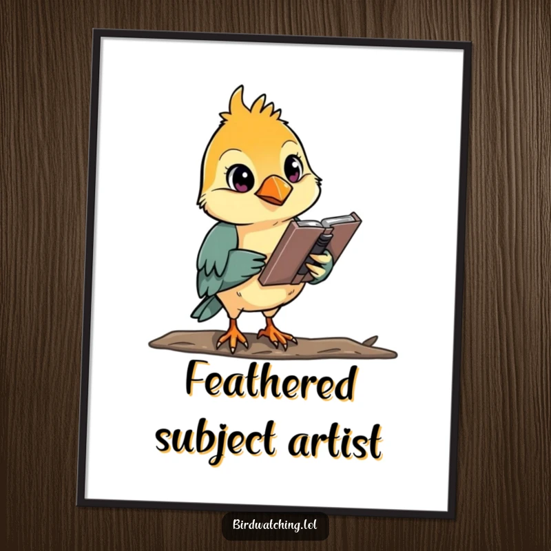 Funny, determined bird watcher deeply focused on sketching in a notebook, artistic wall art poster.