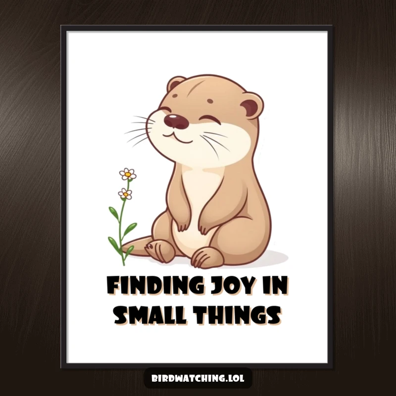 Funny content otter poster, sitting peacefully, observing flower, calm wall art, ideal humorous gift.