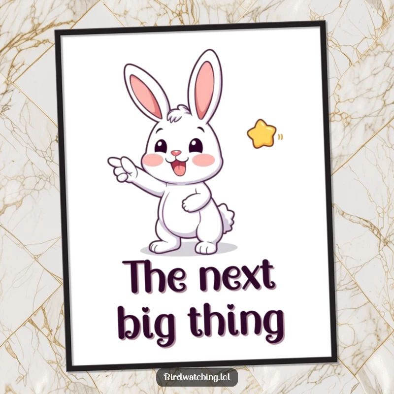 Funny poster of a cheerful bunny pointing excitedly at an unseen object, radiating pure joy and wonder, delightful wall art for gifting.