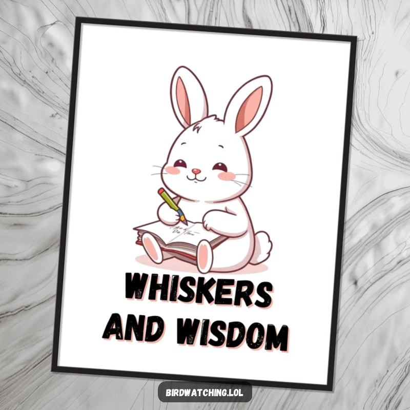 Funny poster of a cheerful rabbit writing in a small journal, perfect for inspiring writers and book lovers.