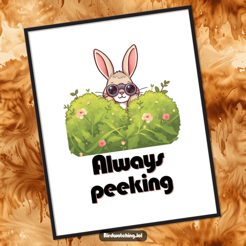Funny Curious Rabbit Poster: A funny and whimsical wall art piece of a rabbit peeking with binoculars from behind a bush.
