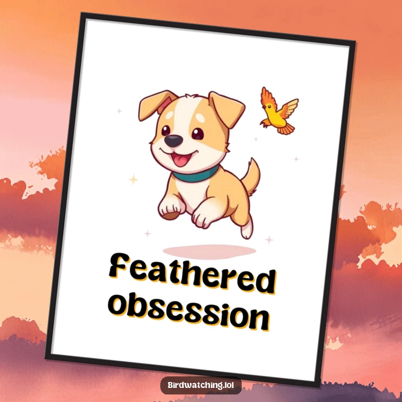 Funny dog poster, caught in the act of playfully chasing a colorful bird, capturing a moment of pure fun.