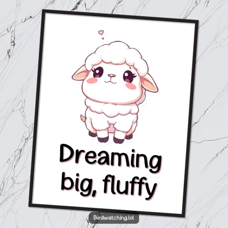 Funny fluffy sheep poster art of a sheep looking dreamily towards the sky, evoking peace and lighthearted humor, a lovely print.