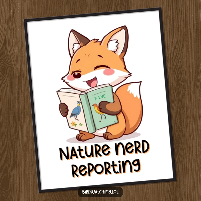 Funny poster featuring a very happy fox hugging a bird identification book, celebrating the joy of bird watching and nature.