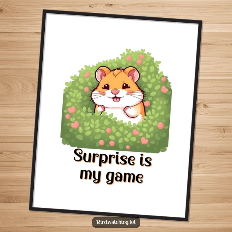 Funny giggling hamster poster art of a hamster hiding behind a bush, capturing playful mischief and heartwarming humor, a delightful print.