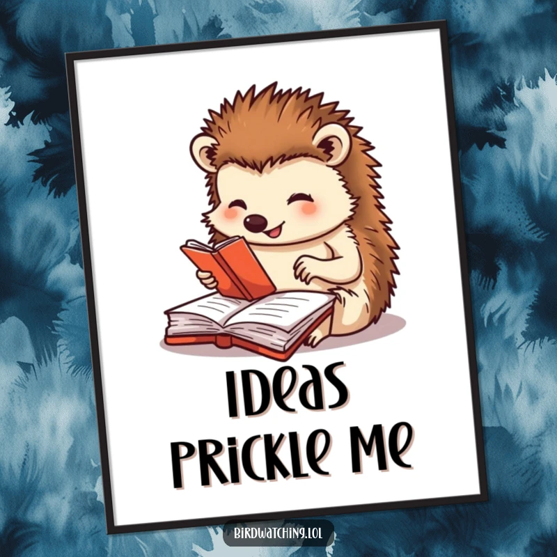 Funny poster of a happy hedgehog focused on journaling, capturing a moment of diligent observation and humor, perfect for printing as a gift.