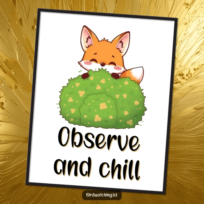Funny Poster: A joyful fox peeking from behind a bush, observing the surroundings with a playful demeanor.