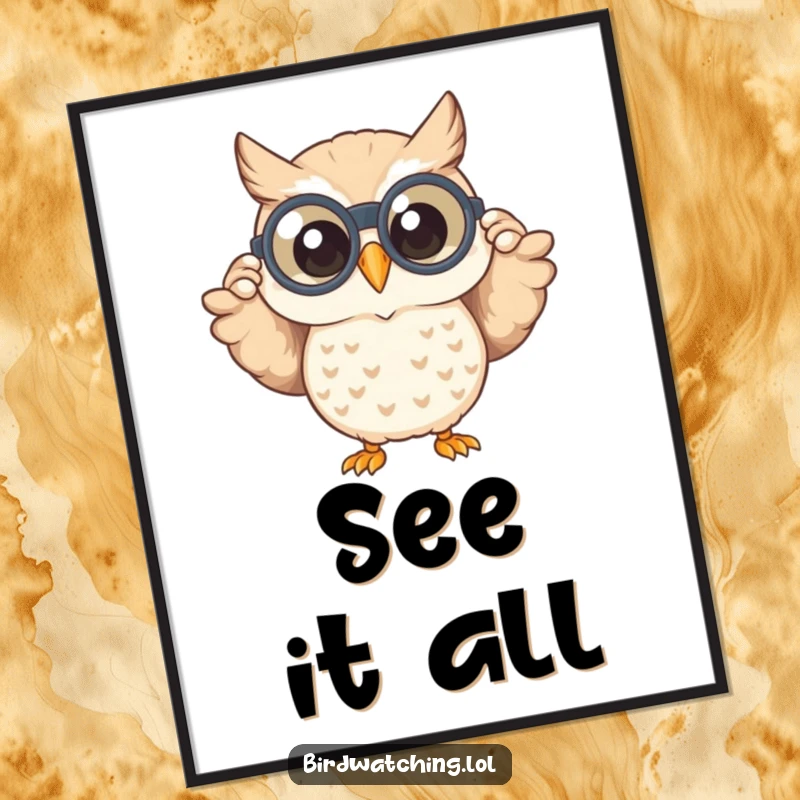 Funny poster art of a happy owl peeking through binoculars with a wide smile, adding a touch of whimsical humor and joy to any wall.