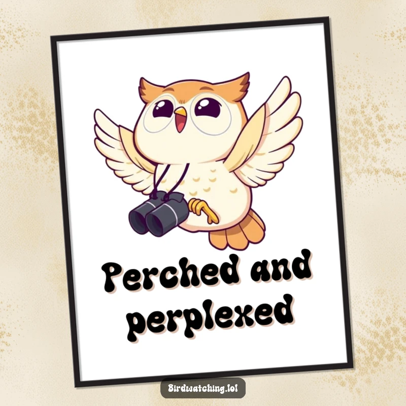 Funny owl poster, joyfully flying with binoculars, whimsical wall art celebrating the hobby of bird watching.