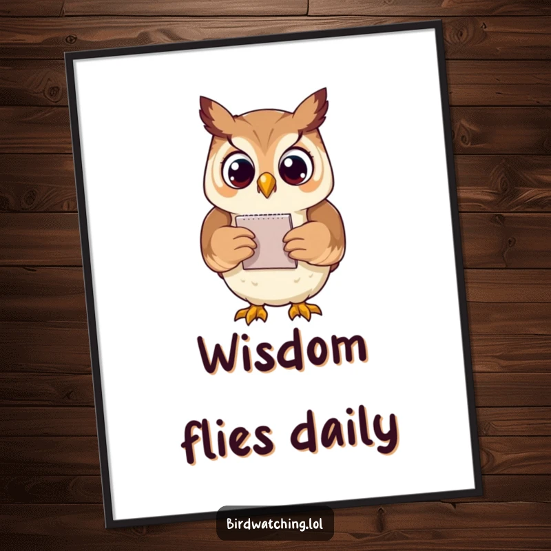 Funny proud owl poster art of an owl with a notepad, capturing a moment of intellectual contemplation, a humorous decoration.