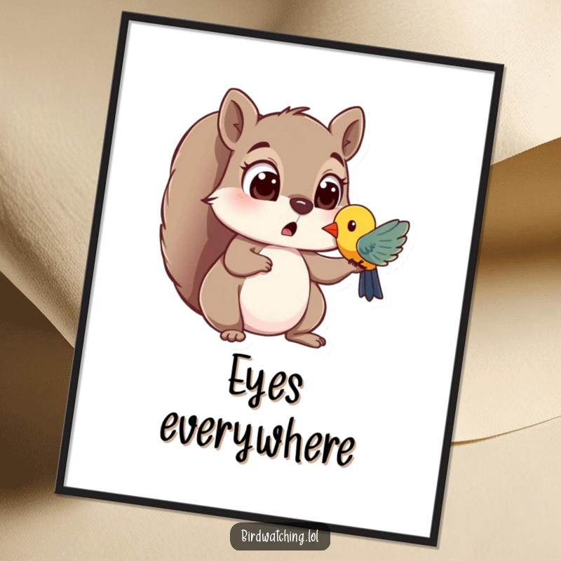 Funny poster art of a surprised squirrel with wide eyes spotting a colorful bird, adding a touch of whimsical humor and wonder to any wall.