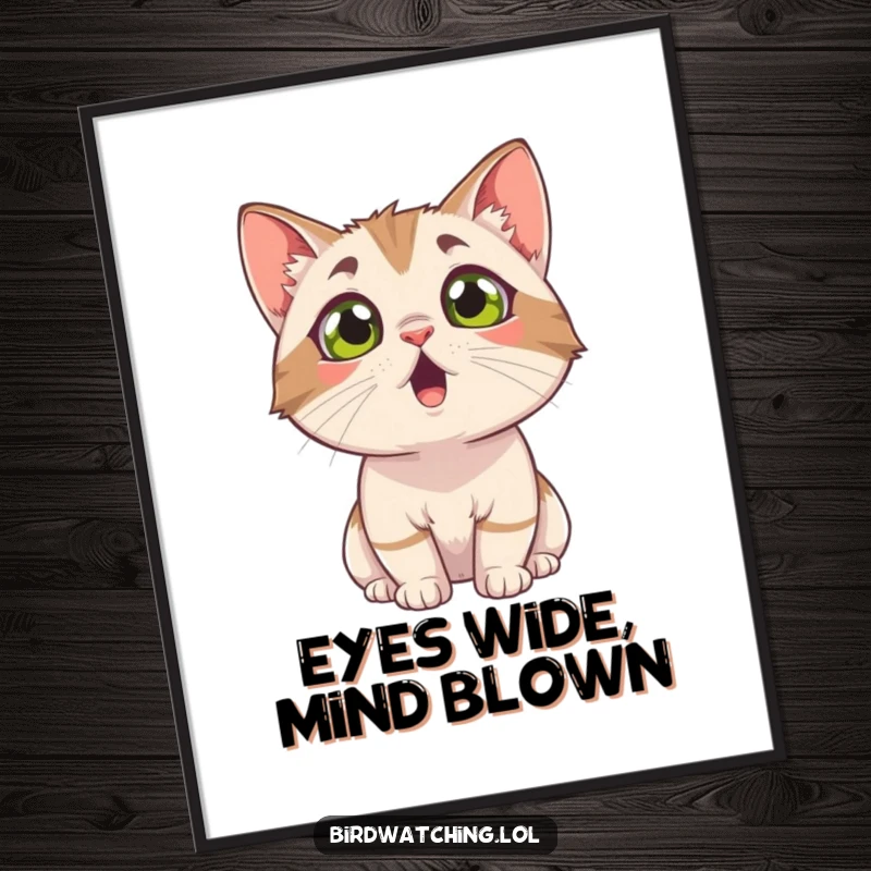 Funny surprised cat poster, wide-eyed and looking up in shock, a hilarious piece of wall art. Great decor.