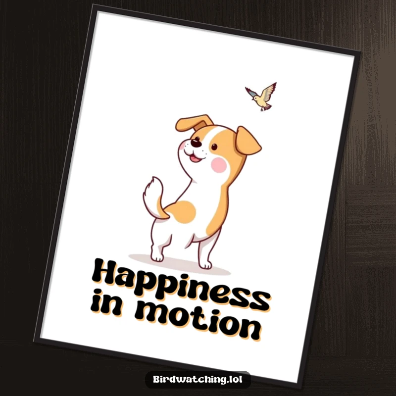 Funny Dog Poster: A hopeful dog wags its tail excitedly, spotting a bird. Whimsical decor.