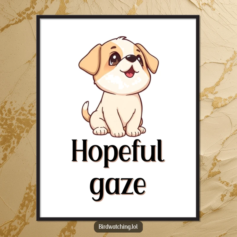 Funny Playful Puppy Poster: A funny and heartwarming wall art piece of a puppy wagging its tail and looking upwards.