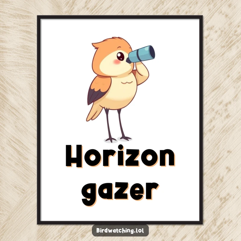 Funny bird watcher poster, determinedly surveying the horizon with binoculars, a captivating piece of wall art.
