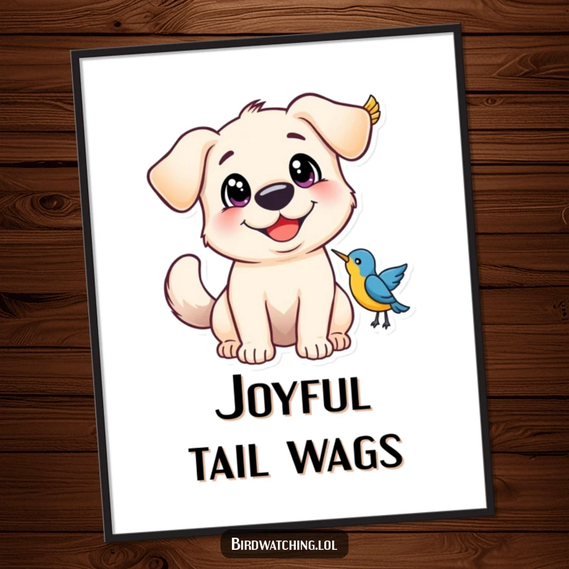Funny Poster of a happy dog with wide eyes, tail wagging joyfully at a bird, adding cheer.