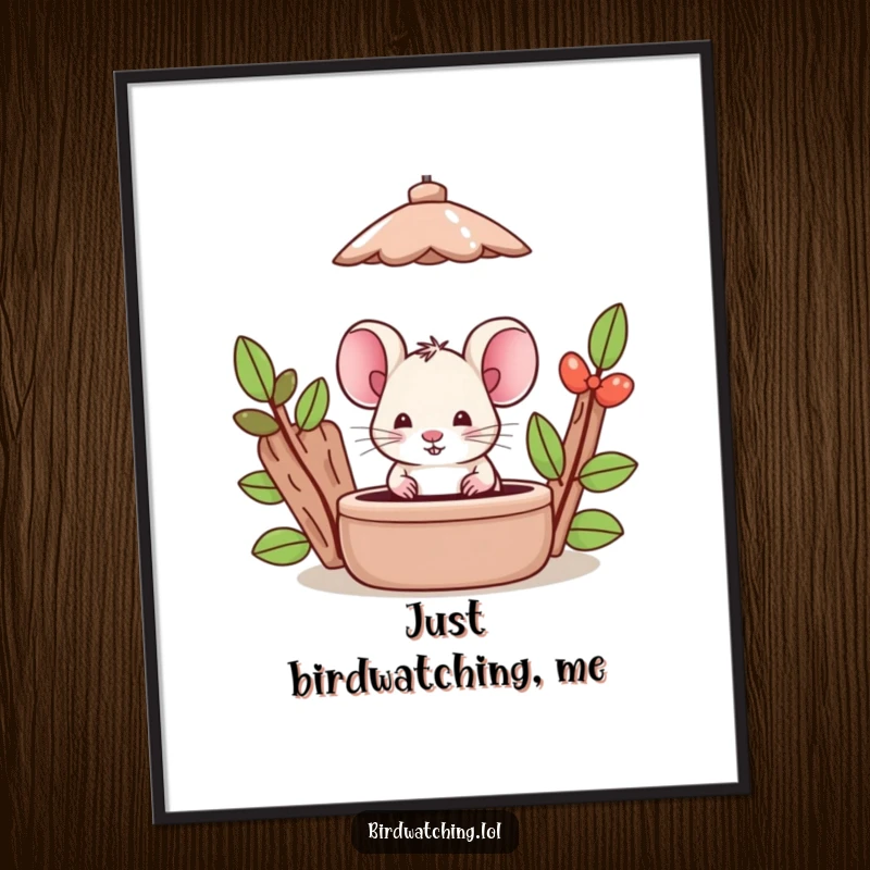 Funny Mouse Poster: A silly mouse peeks from behind a bird feeder, creating a humorous scene. Whimsical decor.