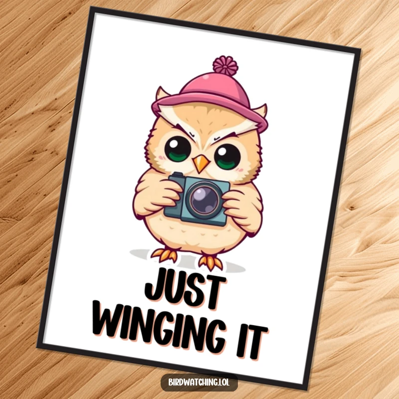 Funny Poster: A silly owl wearing a tiny hat, holding a camera, ready to capture artistic shots.