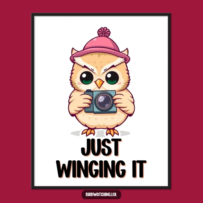 Funny Silly Owl Photographer Poster: Tiny Hat Art, Quirky Wall Decor Gift