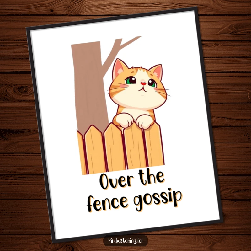 Funny poster displaying a surprised cat comically stretching its neck to see over a fence, adding playful charm to any space.