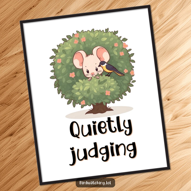 Funny shy mouse poster, captured peeking at a bird from behind greenery, adding quiet humor to decor.
