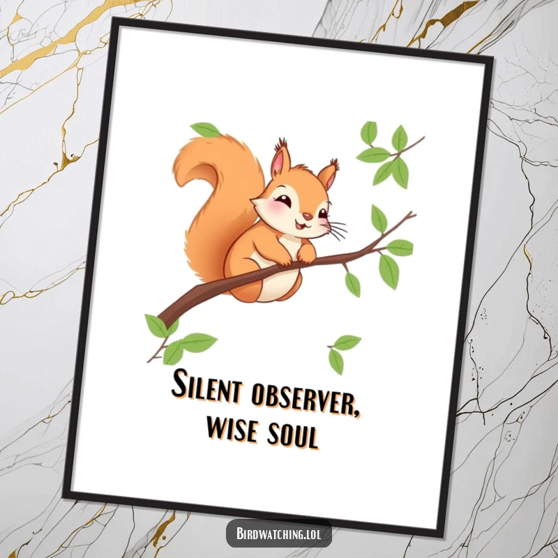 Funny squirrel poster, cheerfully sitting on a branch, observing the world with curiosity. Beautiful art.
