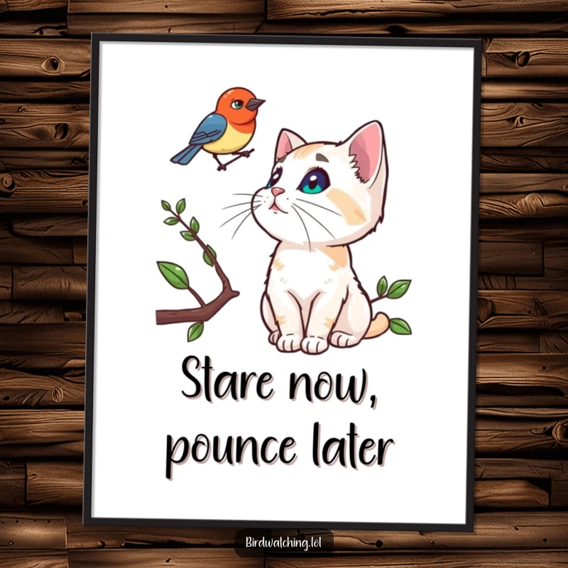 Funny poster featuring a curious cat intently observing a bird on a branch, suitable for wall art.