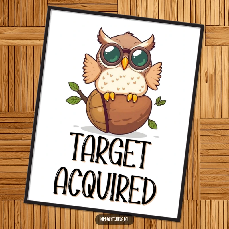 Funny poster print capturing a plump owl with binoculars crashing into a giant acorn, a comical and artistic depiction of wildlife surprise.