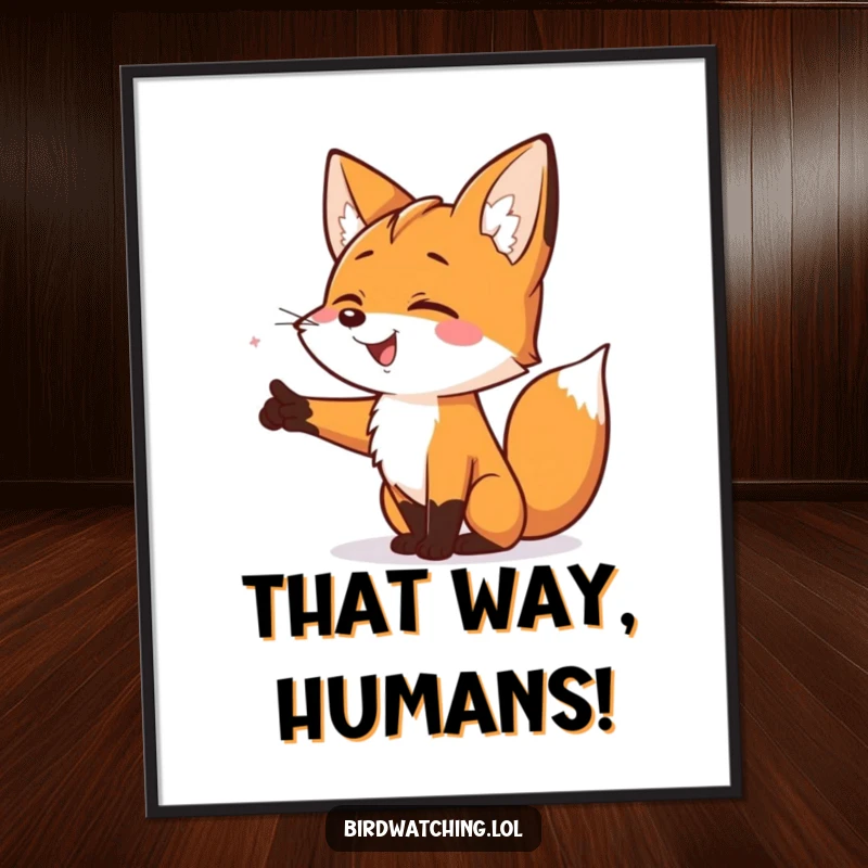 Funny Smiling Fox Poster: A funny and whimsical wall art piece of a fox pointing excitedly, full of anticipation.