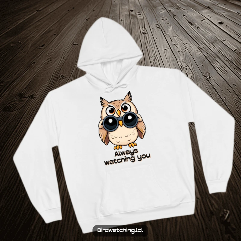 Funny hoodie with a wide-eyed, surprised owl peeking through binoculars, ready to discover something hilarious.