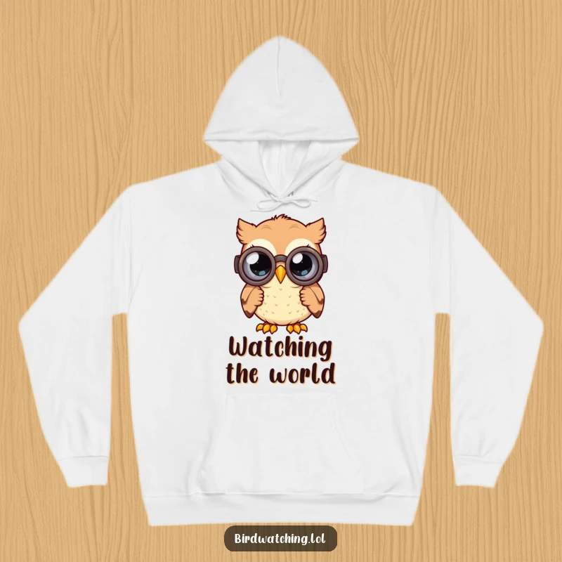 Funny curious owl hoodie with a happy owl peering through binoculars with wide, curious eyes, cozy and humorous gift.
