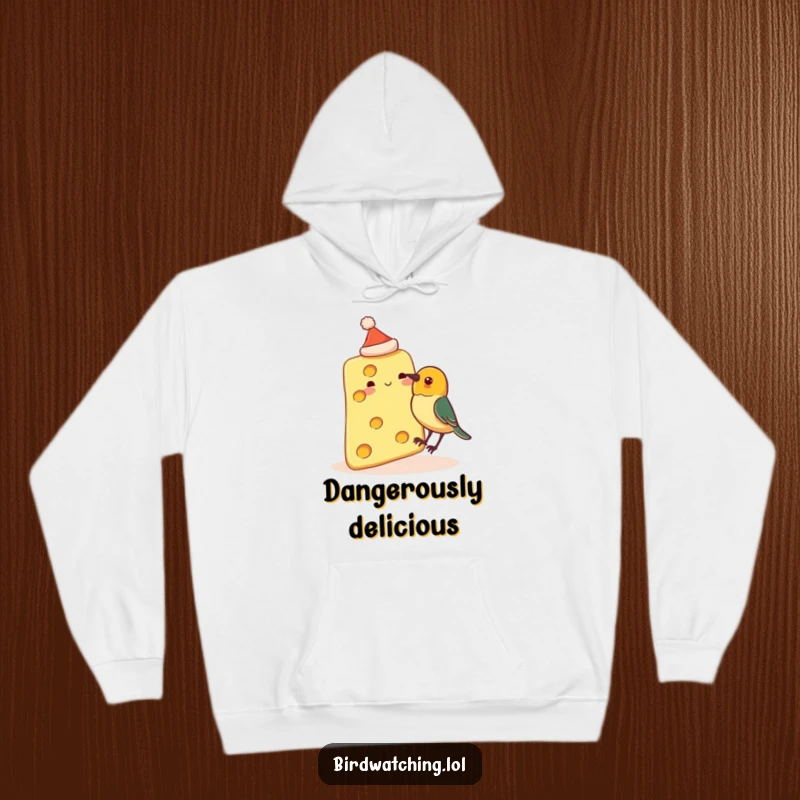 Funny hoodie design of a slice of cheese wearing a small hat, about to be pecked by a curious bird, showcasing playful absurdity.