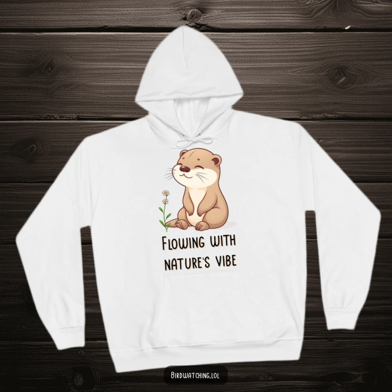 Funny content otter hoodie, sitting peacefully, observing flower, cozy and serene, great funny gift.