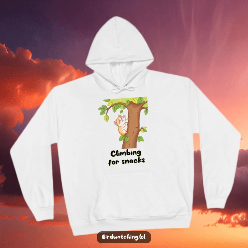 Funny happy hamster hoodie, a cozy sweatshirt showing a hamster happily climbing a tree for a better view, warm and cheerful.