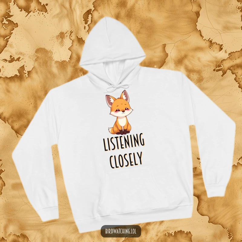 Funny playful fox hoodie showing a curious fox tilting its head, listening intently with an engaged expression, great for comfort.