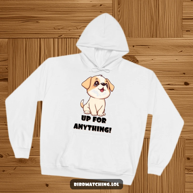 Funny Playful Puppy Hoodie: A warm and humorous sweatshirt featuring a puppy wagging its tail and looking upwards with happiness.
