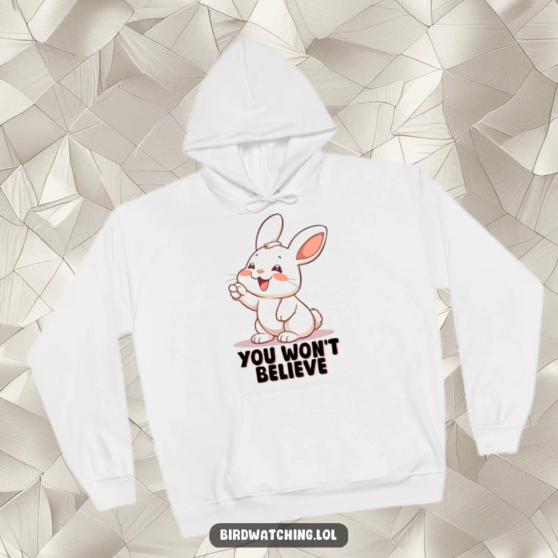 Funny rabbit hoodie, giggling and pointing excitedly, a cozy and humorous garment for amusement lovers.