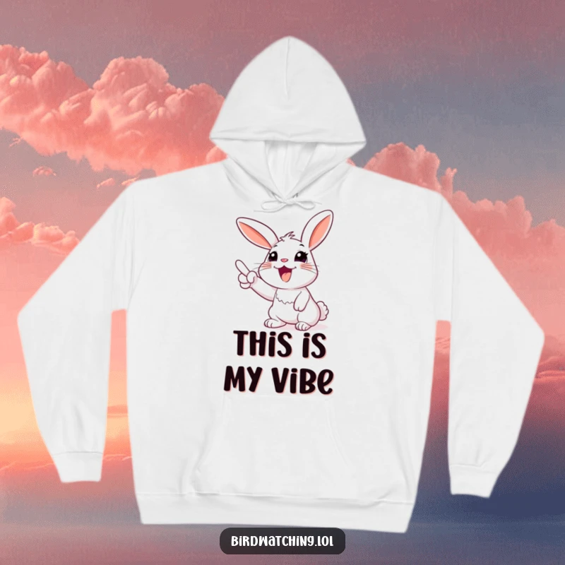 Funny rabbit hoodie, enthusiastically pointing towards the sky, expressing ultimate excitement and happiness. Ideal gift.