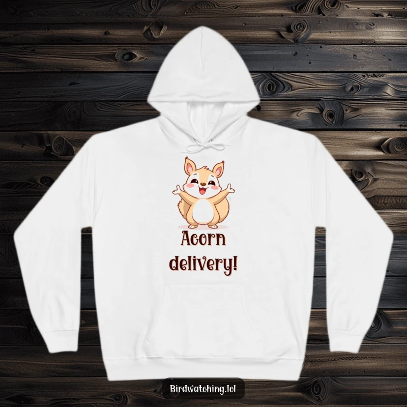 Funny squirrel hoodie, happily gesturing wildly towards the sky, a cozy and humorous piece for enthusiasts.