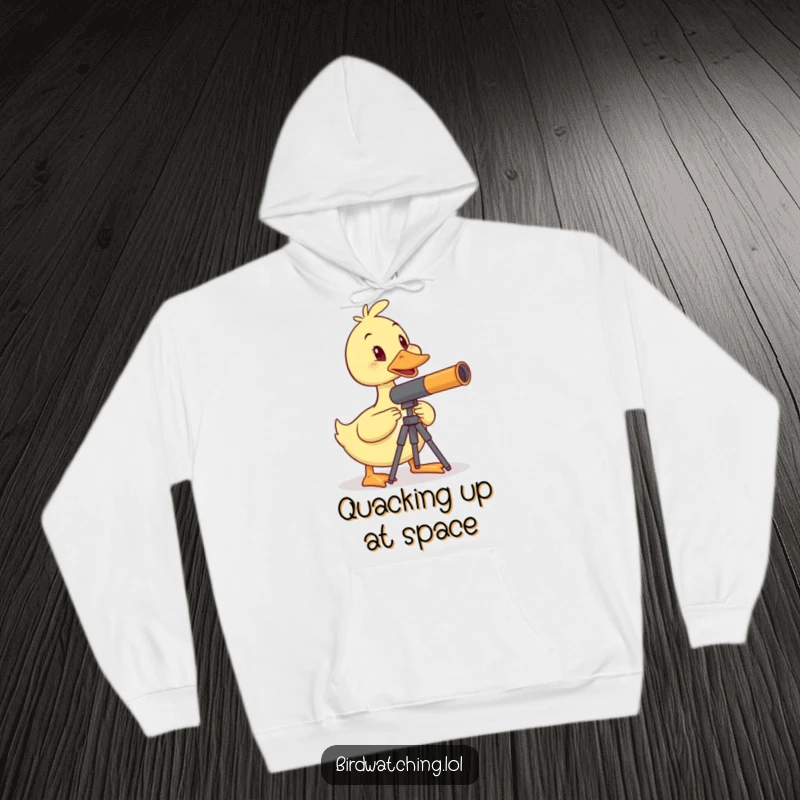 Funny wobbly duck hoodie, balancing telescope, cozy and humorous, scientific pursuit, great funny gift.