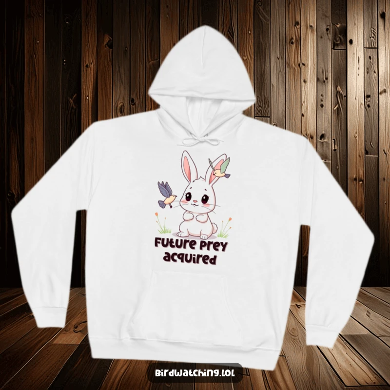 Funny Bunny Hoodie: Determined bunny character observing a flying creature, perfect for cozy focus. Hilarious.